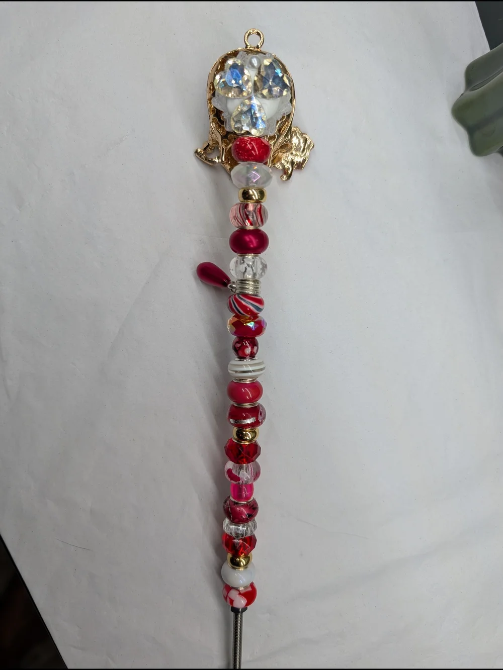 Hand Made Beaded Fairy Wand/Plant/Garden Stake W/Crystal Skull Topper